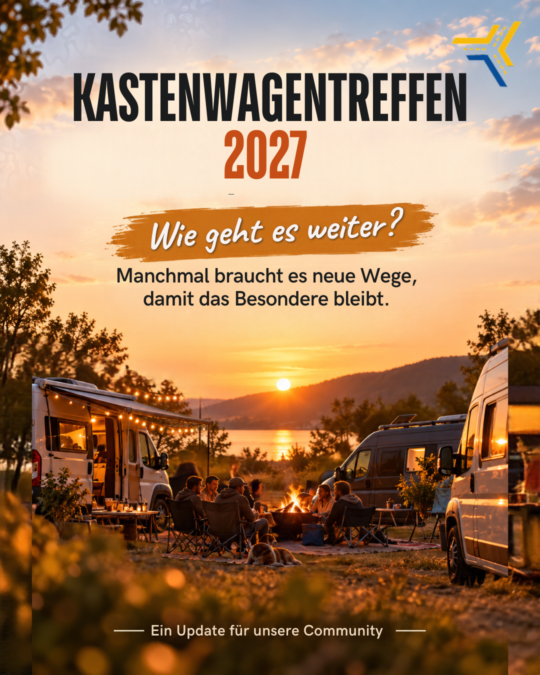 Kastenwagentreffen 2027: Wie geht es weiter? Community-Grafik mit Kastenwagen beim Sonnenuntergang