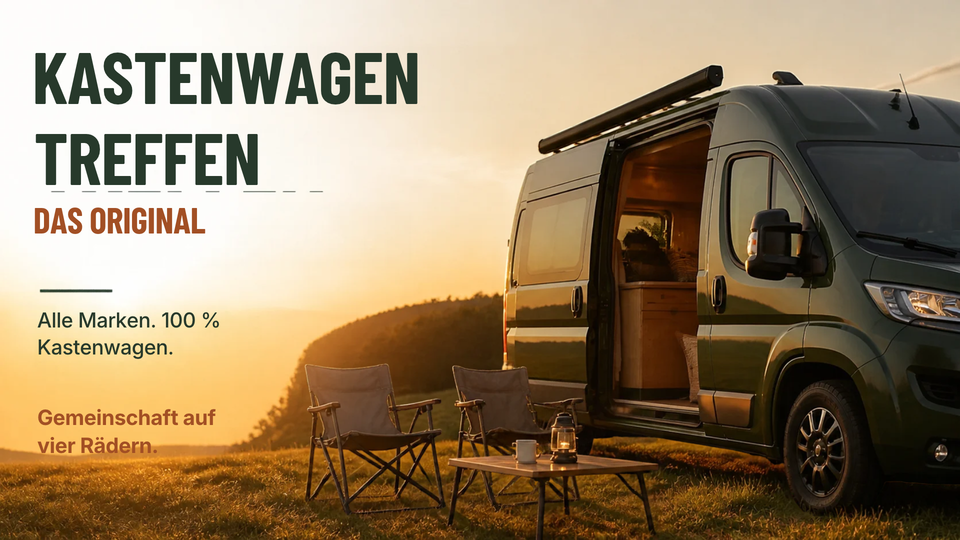 Kastenwagen am Abend mit Sitzgruppe – Headerbild für das Kastenwagen-Treffen